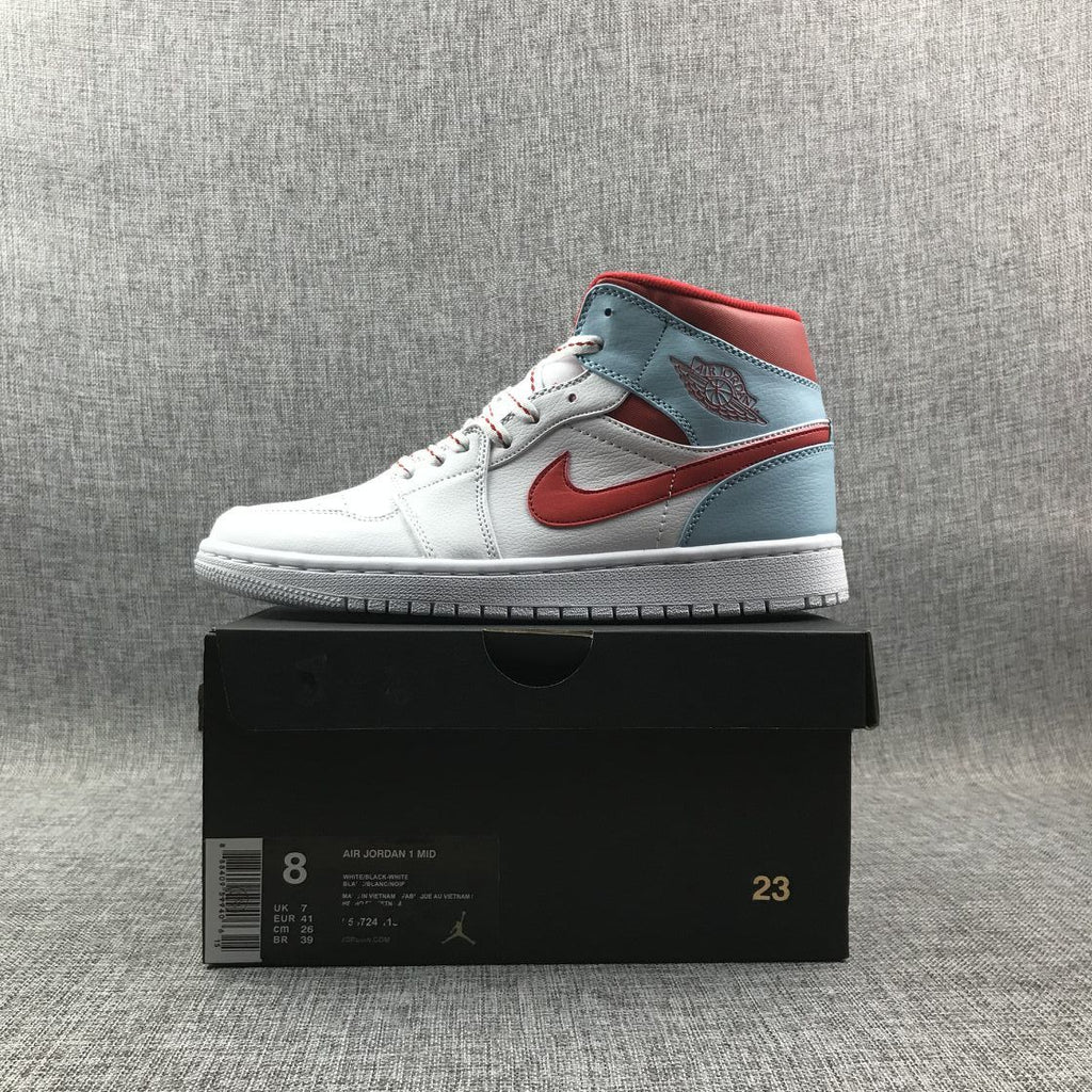 Air Jordan 1 Mid Ice Blue White and Red Sneakers 555112-104