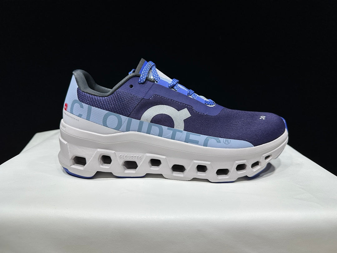 On Cloudmonster Running Shoes, Navy and White