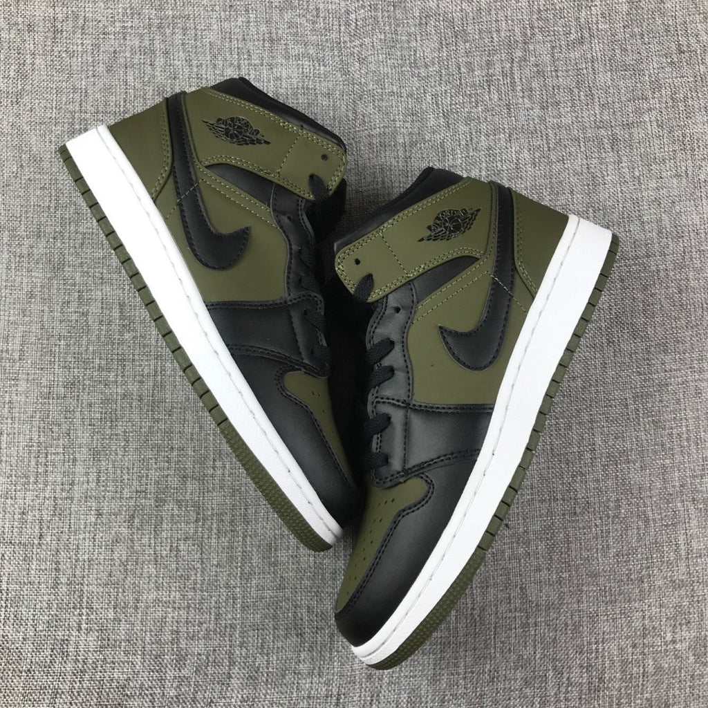 Jordan 1 Mid Sneakers in Black and Olive Green