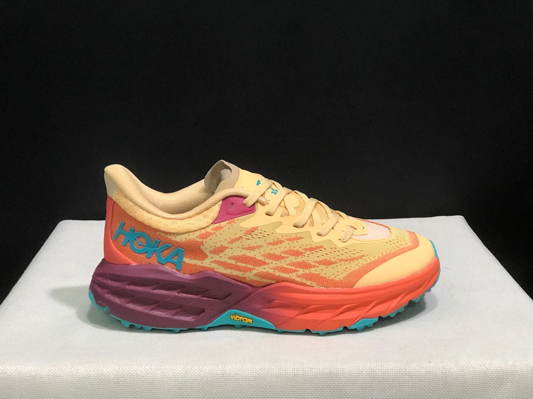 HOKA Speedgoat 5 Trail Running Shoes in Yellow and Coral