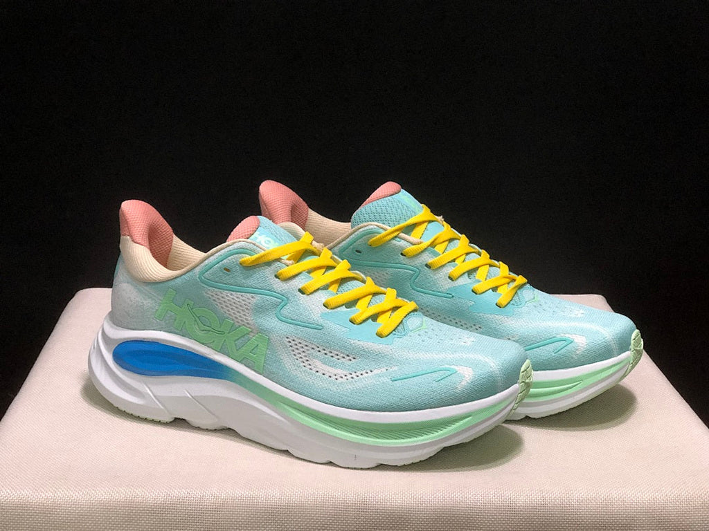 HOKA Clifton 10 Running Shoes in Aqua and Yellow