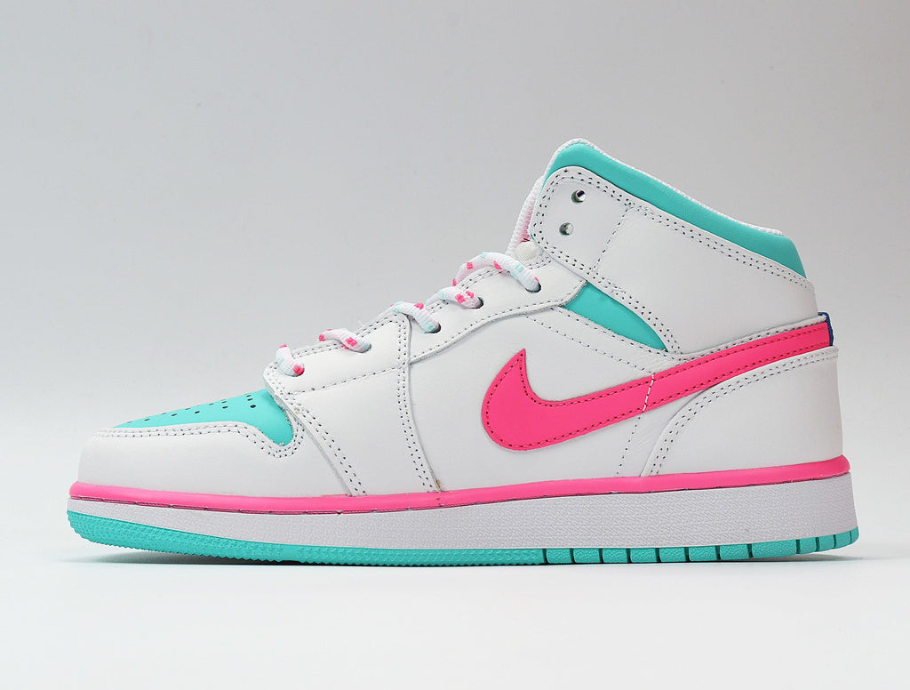 Jordan 1 Mid Sneakers White Pink Aqua 555112-102