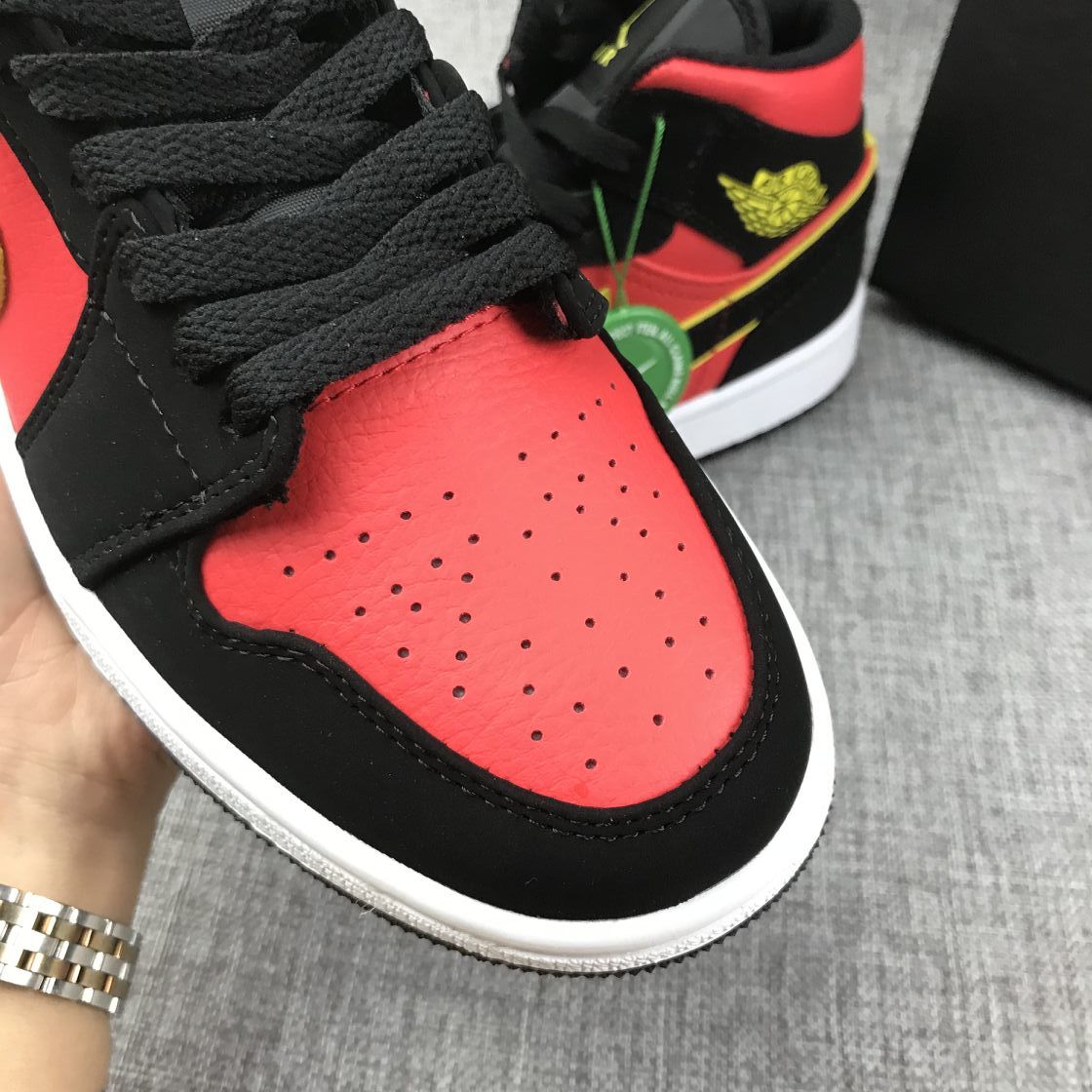 Air Jordan 1 Mid Black, Red and Volt Sneakers