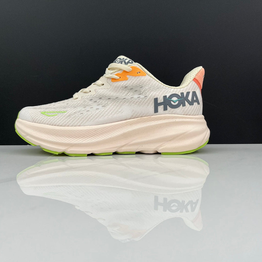 HOKA Clifton 9 Running Shoes in Cream and Green