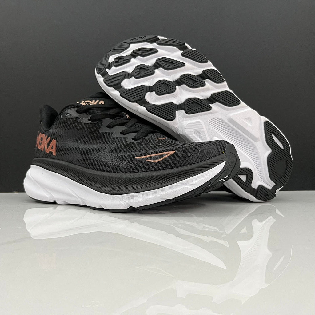 HOKA Clifton 9 Black and Gold Running Shoes