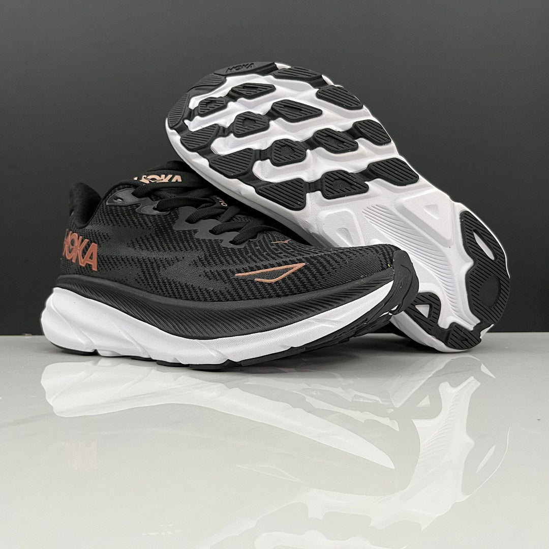 HOKA Clifton 9 Black and Gold Running Shoes