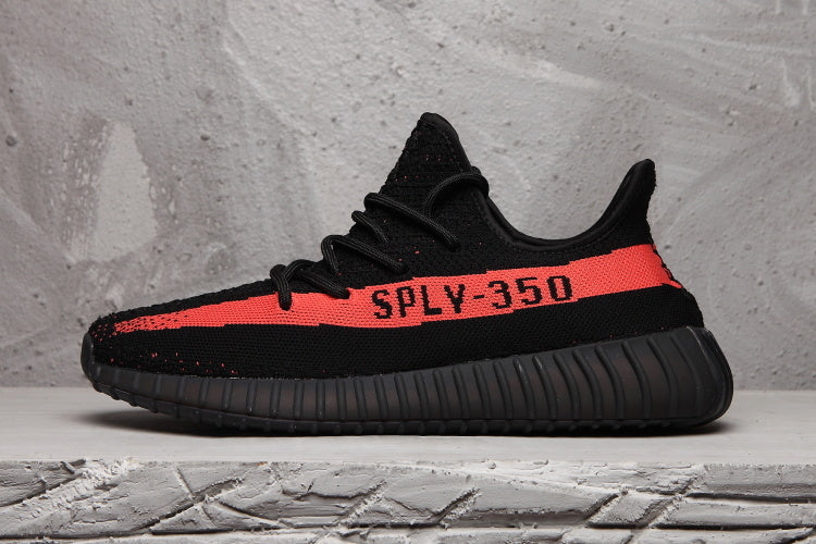 Yeezy 350 V2 Black and Red Knit Sneakers