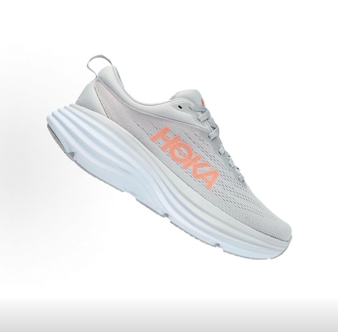 HOKA Bondi 8 Gray and Coral Running Sneakers