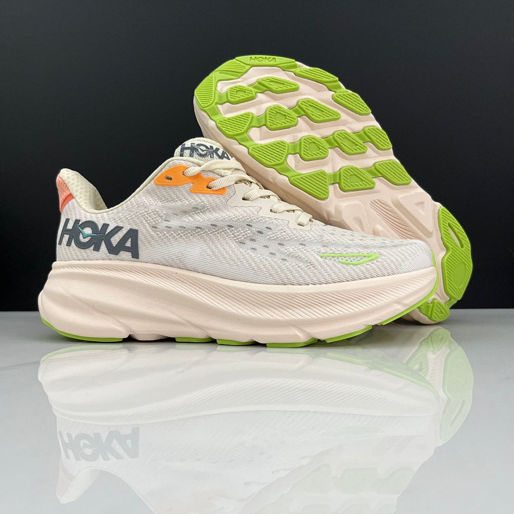 HOKA Clifton 9 Running Shoes in Cream and Green