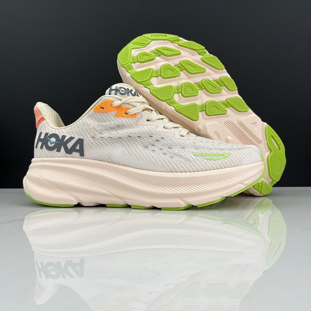 HOKA Clifton 9 Running Shoes in Cream and Green