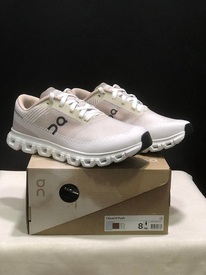 On Cloud 6 Push Sneakers in White and Beige