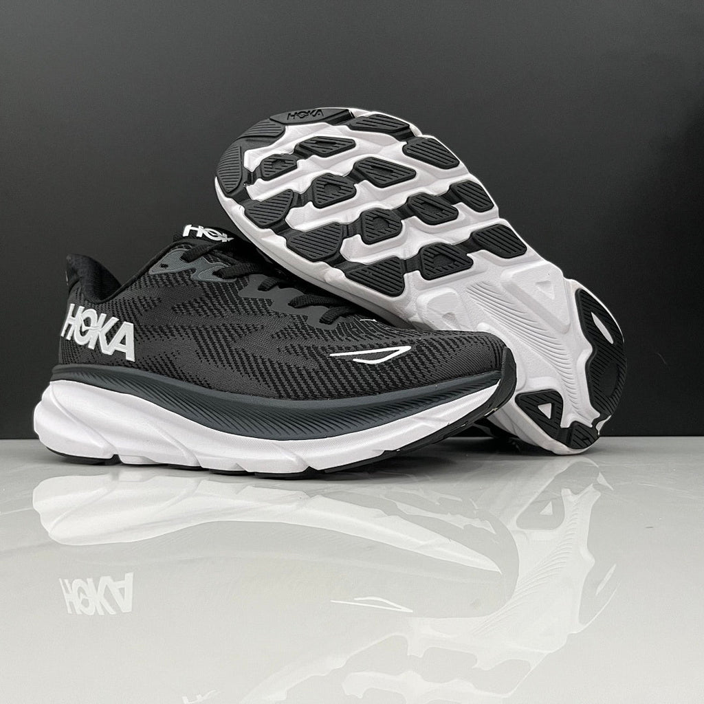 HOKA Clifton 9 Black and White Running Shoes