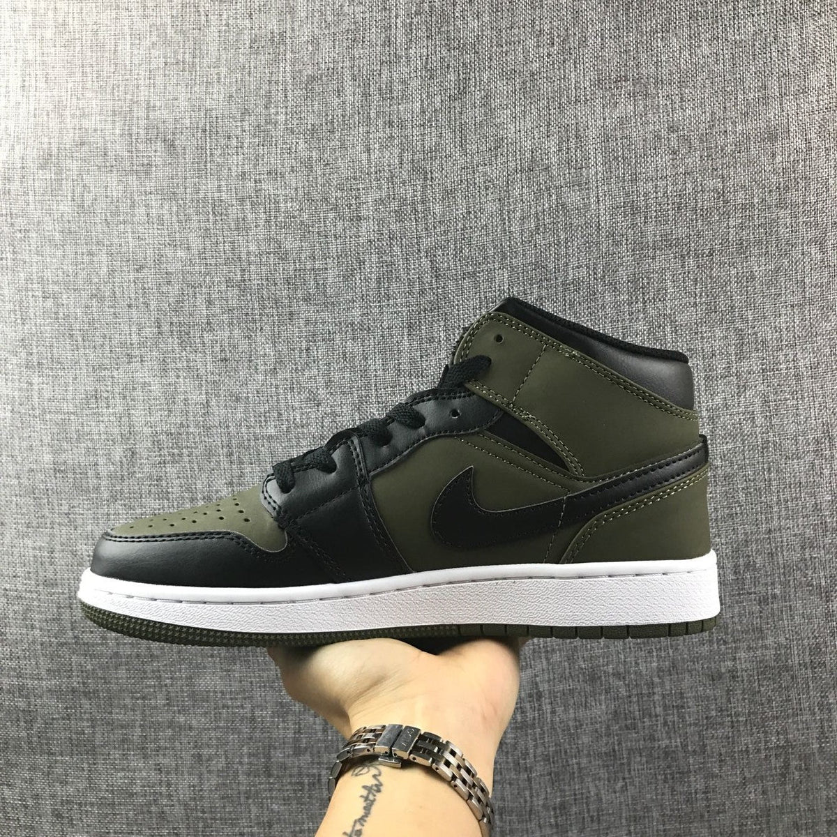 Jordan 1 Mid Sneakers in Black and Olive Green