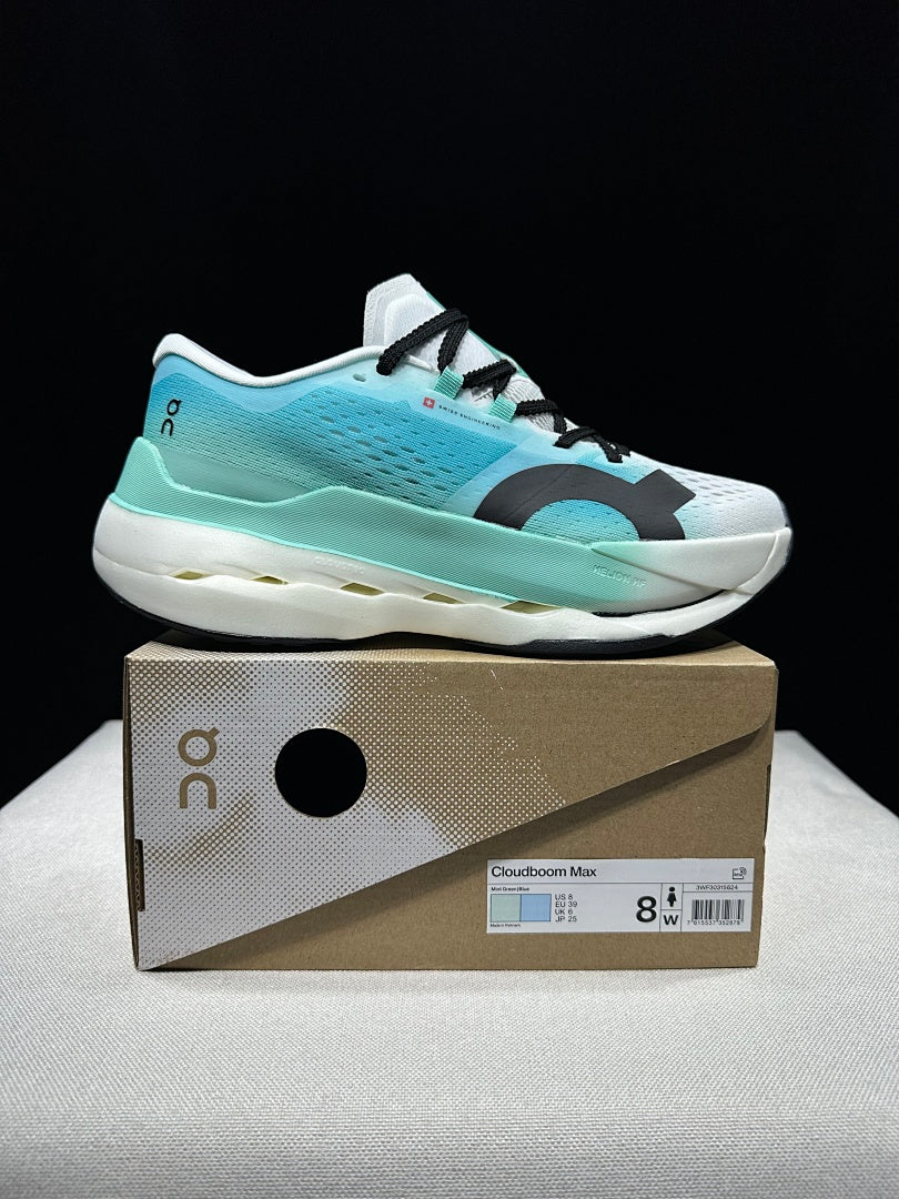 On Cloudboom Max Running Shoes, White and Light Blue