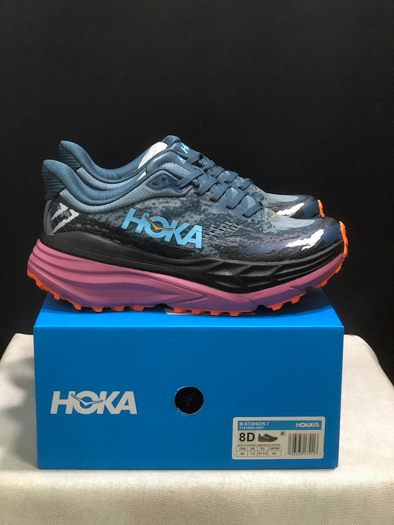 HOKA Stinson 7 Trail Running Shoes in Blue and Orange