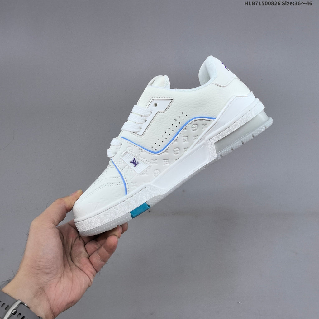 Louis Vuitton White Low-Top Sneakers with Blue Accents