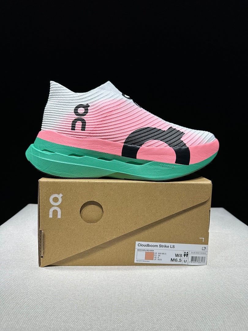 On Cloudboom Strike LS Running Shoes, White Pink Green