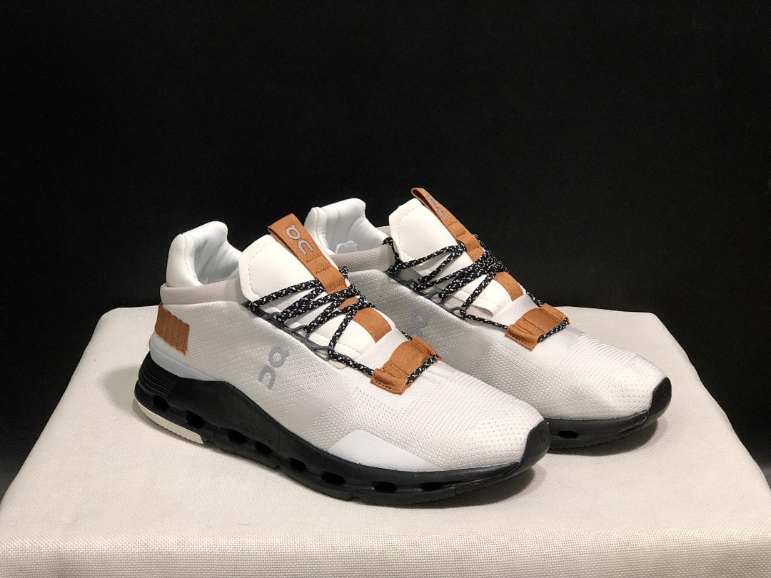 On Cloudnova Sneakers in White, Black and Tan