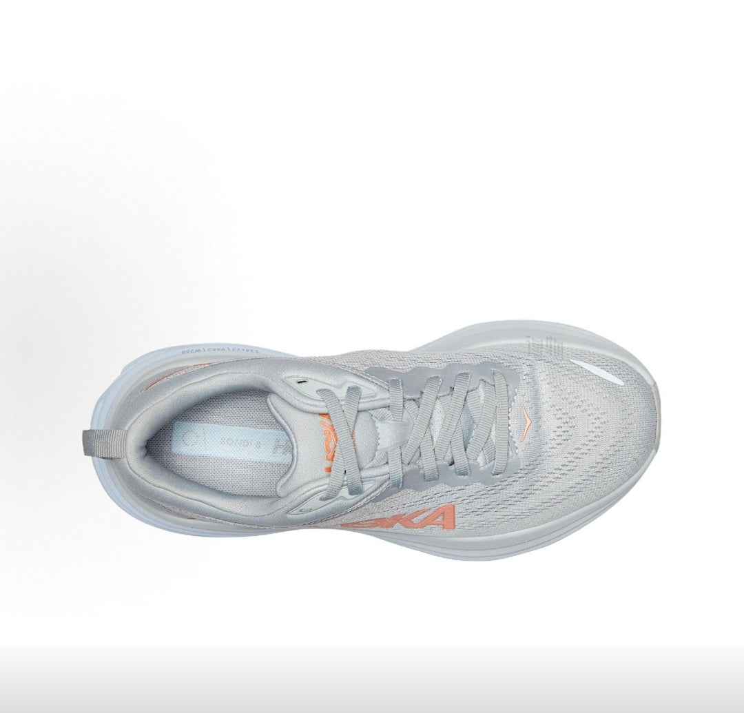 HOKA Bondi 8 Gray and Coral Running Sneakers
