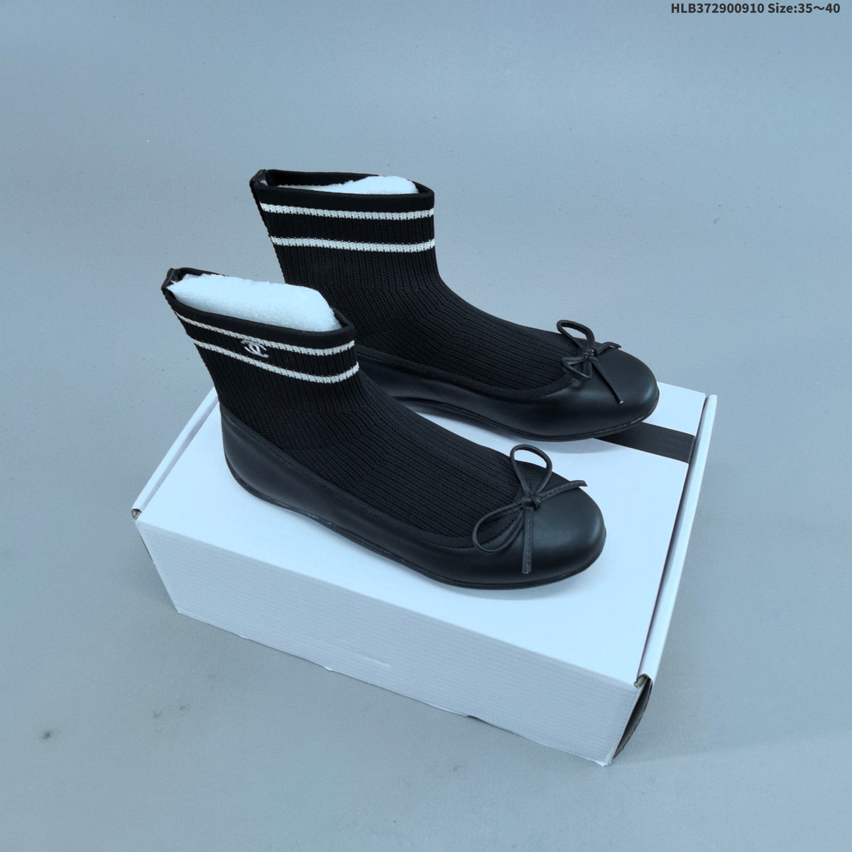 Chanel Sock Ballet Flats with Bow, Black and White