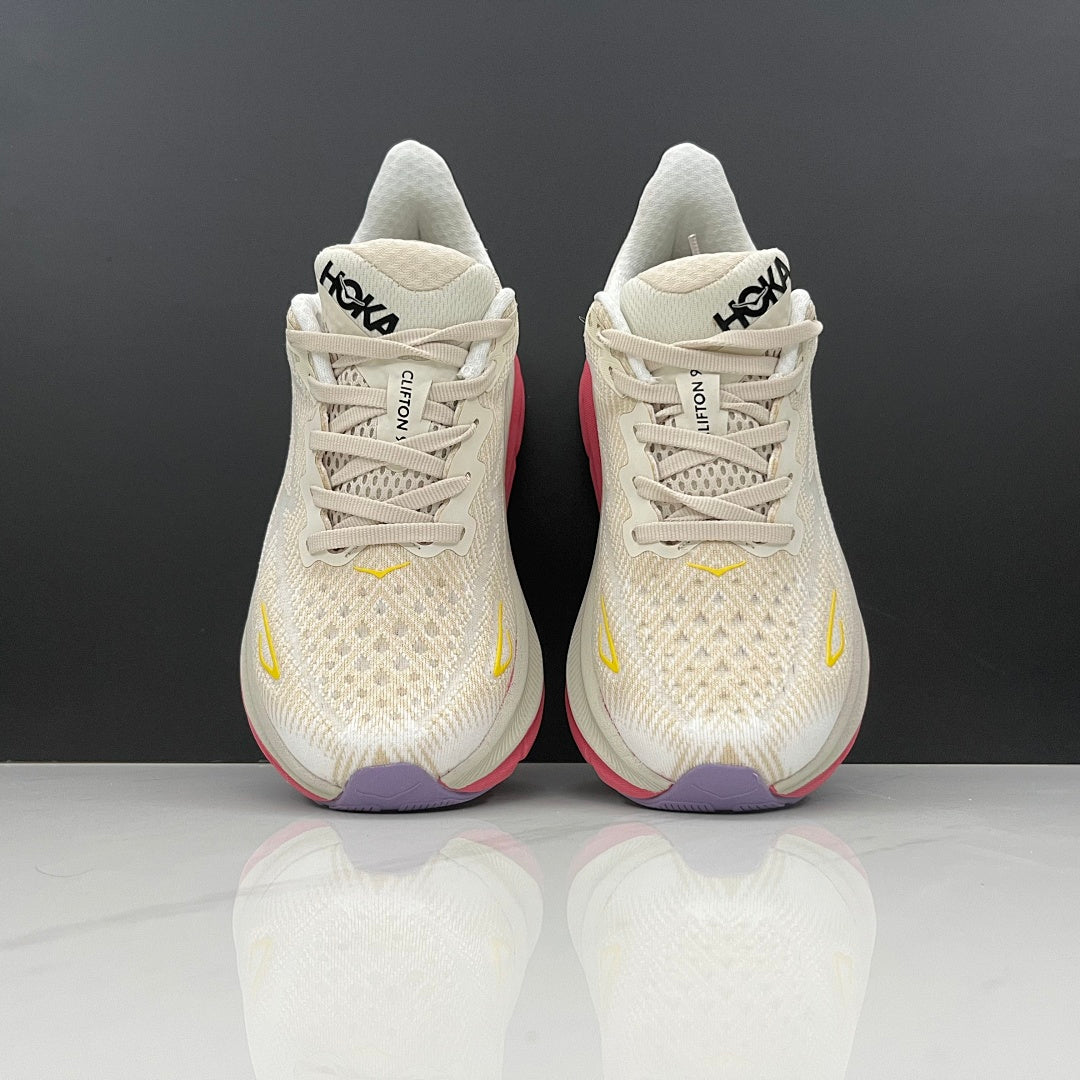 HOKA Clifton 9 Running Shoes in Ivory and Pink